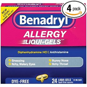 Click here to buy Benadryl Dye-Free Allergy Reliefs, 24-Count Liqui-gels (Pack of 4) by Benadryl.
