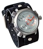 Nemesis #KLHST080S Men's Signature Collection Triple Time Zone Oversized Wide Leather Cuff Band Watch