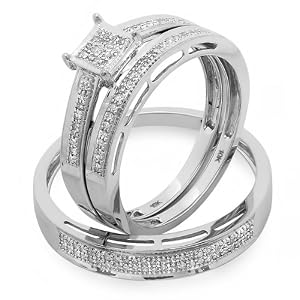 0.20 Carat (ctw) 10k White Gold Round Diamond Ladies & Mens His Hers Bridal Engagement Ring Trio Set Band 1/5 CT