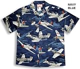 Mustang Thunderbolt Fighter Planes Men's Hawaiian Aloha Shirt in Navy Blue - XL