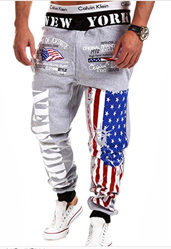 DUOBILUN Men's Hip hop American USA FLAG Jogger Sport Sweat Cotton Pants X-Large Gray