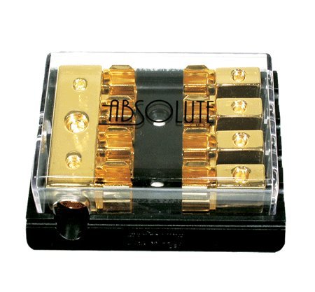 ABSOLUTE AGD24G Gold AGU Style Fuse Power or Ground 4 Gang Distribution Fuse Block - Three 4 Gauge Inputs/four 8 Gauge Outputs
