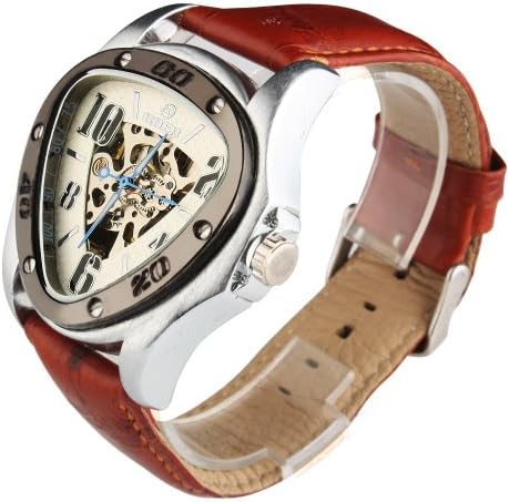 Yajing Mens Automatic Mechanical Watch Luxury Leather Band Skeleton Analog Wristwatch Triangle White