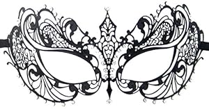 Luxury Mask Women's Laser Cut Metal Venetian Pretty Masquerade Mask, Black/Clear Stones, One Size