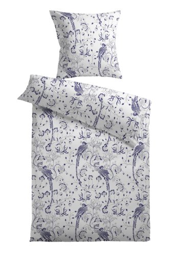 Kinzler Q-17227/17 Premium Baumwoll Jersey Bettw&auml;sche Pfau 80/80cm + 155/220cm mit Rei&szlig;verschluss weiss / blau