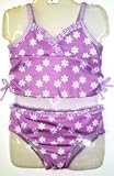 Toddler Girls 2-Piece Tankini with Striped Trim and Ruffles - Lavender/White Daisies