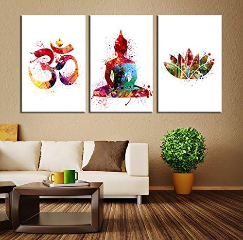 Art Canvas Print - 3 Panel Buddha Wall Art Canvas Print, Buddha Om Symbol Watercolor, Large Buddha Yoga Art Print, Lotus Buddha Large - 20x30 Inch Each Panel- 60x30 Inch Total