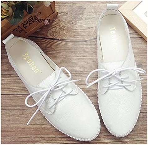 Women's Cowhide Leaher Casual Comfy Flat Loafers Lace-ups Shoes US 7 White