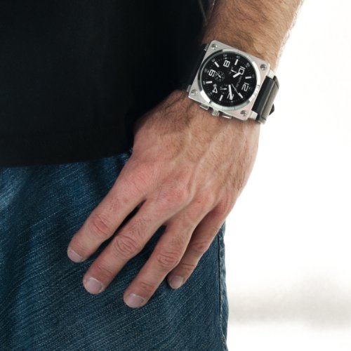 Republic Mens Stainless Steel Black Leather Strap Chrono Aviation Watch