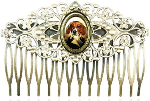 Filigree hair comb with with oval glass cabochons protecting a design with a dog dressed up an army general