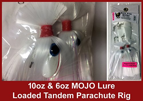 Blue Water Candy - Rock Fish Candy 10 oz & 6 oz Mojo Lure Loaded with 9-Inch Swimbait Shad Bodies Tandem Parachute Rigged & Ready (White)