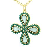 Goldtone Pendant Necklace With Green Stones In Cross Shape