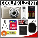 Nikon Coolpix L22 12.0 Megapixel Digital Camera with 3.6x Optical Zoom (Champagne Silver) with + 8GB Card + (4) Batteries + Case + Accessory Kit