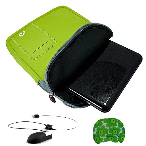 Green Neoprene Protective Sleeve Cover Carrying Case with Exterior Accessory Pocket for any 10.1 inch Laptop, Netbook, or Portable DVD Player + Naztech USB Mini Mouse with Retractable Cord for Laptop and Desktop + Bestpricecenter Mouse Pad