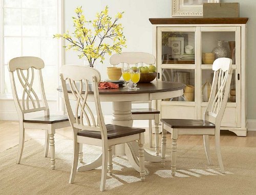 Round Dining Table in Antique White with Warm Cherry Top