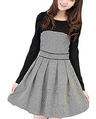 Long Sleeves Puff Sleeves Cotton Above the Knee Plaid Print Sheath Pleated Mini Dress 