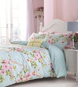 Housse Couette +Taies Fleur Bleu Rose Reversible Coton Shabby-Chic Pour