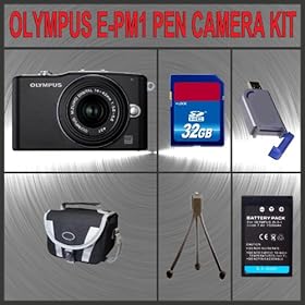 Olympus PEN E-PM1 Digital Camera (Black) W/14-42mm Lens + Huge Accessories Package Including 32GB SDHC Memory Card + High Capacity PS-BLS-1 Replacement Lithium-Ion Battery + Hi-Speed SD Card Reader + Carrying Case + Table Top Tripod Kit