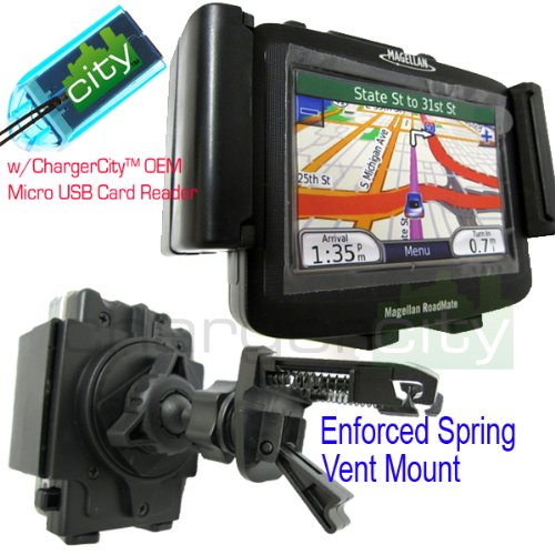 Magellan Roadmate 1700 1475T 1470 1445T 1440 1430 1424 1420 SE4 1412 1400 1340 1220 1212 1210 1200 GPS Vent Mount Kit by ChargerCity w 360° Viewing Adjustment GPS Holder Cradle - Enhanced Spring Vent Mount & Micro SD USB Card Reader (ChargerCity® Manufacture Replacement Warranty)