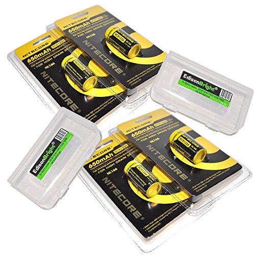 Bundle 4 Pack Nitecore RCR123A NL166 3.7V 650mA 2.4Wh 650mAh Protected Li-ion 16340 Rechargeable Batteries with 2 X EdisonBright battery carry cases
