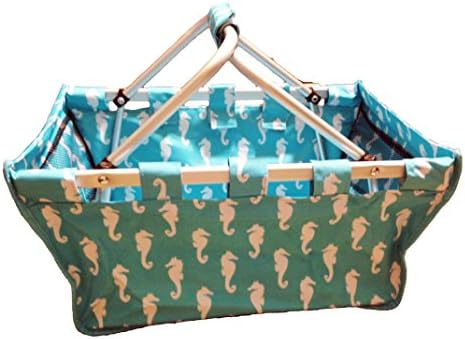 Aluminum Frame Collapsible Design Utility Market Tote Basket (Aqua Seahorse)