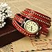 Fashion Rivet Weave Wrap Around Leather Retro Bracelet Woman Wrist Watch Dark Red