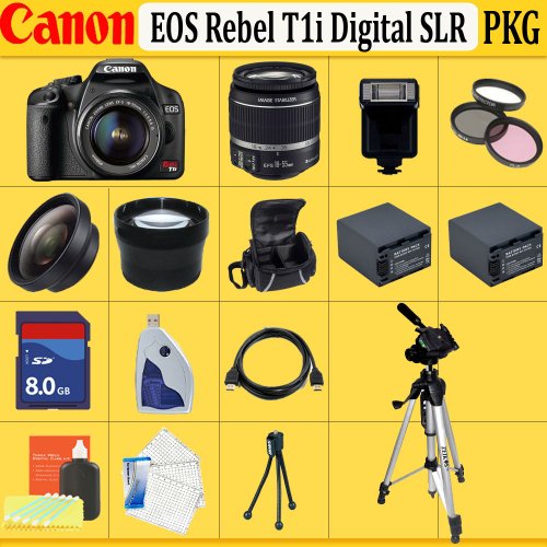 Canon EOS Rebel T1i SLR Digital Camera Kit with 18-55mm Is Lens + Huge Accessories Package Including Wide Angle Macro Lens + 2x Telephoto + 3 Pc Filter KIT + 8gb Sdhc Memory Card + 2x Extended Life Batteries + Carrying Case + Tripod & Much More !!