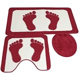 3 Piece Feet Pattern Bath & Pedestal Bathroom Mat Set with Toilet Seat Cover (3 Colours)