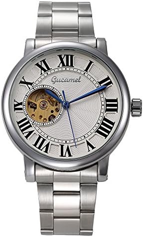 Gucamel Mens Noble Skeleton Hollow Stainless Steel Automatic Mechanical Quartz Wrist Watches-Black