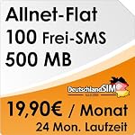 DeutschlandSIM Flat - 24 Monate Vertragslaufzeit (All-Net-Flat, 100 Frei-SMS, 500MB Daten Flat, 19,90 Euro/Monat) o2-Netz