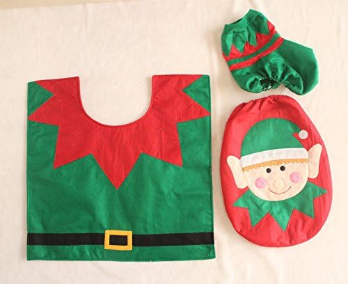 Zebratown 3 Pcs Christmas Decorations Happy Santa Claus Toilet Tank Lid Cover + Floor Mats Plus + Towel Sets Toilet Sets for Christmas (Christmas Elf)