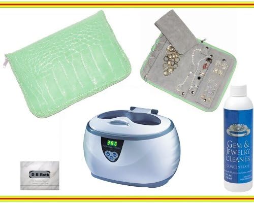 Professional Digital Ultrasonic Jewelry Cleaning Machine + Anti-Tarnish Jewelry Organizer (Lime Green Crocodile Design) + Jewelry & Gem Cleaner + DB Roth 100% Cotton Flannel All-in-one Jewelry Cleaning, Buffing & Tarnish Shielding Cloth