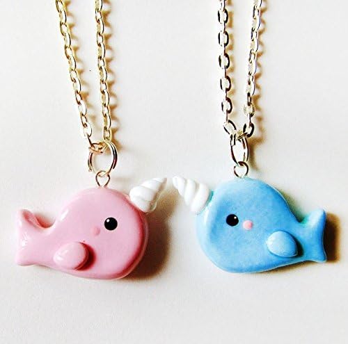 Handmade Best Friends Pink and Blue Narwhal Polymer Clay Charm Necklaces - The Sweetest Gift for Your Bff