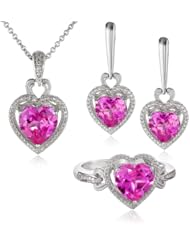 Sterling Silver Heart-Shape Pink Sapphire Diamond Ring, Earrings and Pendant Necklace Jewelry Set