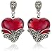 Sterling Silver Marcasite and Garnet Colored Glass Heart Earrings