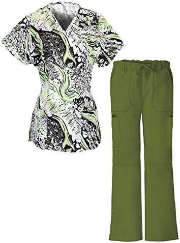 G Med Women's 2 Pieces Printed Scrub Mock Wrap Top and Pant Set(SET-MED,DGN-2XL)