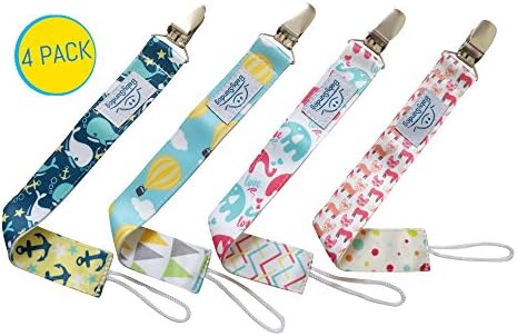 BabySundog Baby Pacifier Clip Holder 4 Pack- Unisex- Metal - Safe- Adorable - 2-Sided Stylish Design for Boys Girls- Perfect Baby Shower Gift
