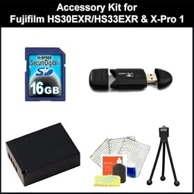 Accessory kit for Fujifilm HS30EXR/HS33EXR & X-Pro 1 Digital SLR Cameras. Package Includes: 16GB Memory Card, Memory Card Reader, Extended Life Replacement Battery, Table Top Tripod, LCD Screen Protectors & Cleaning Kit