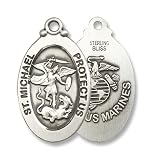Sterling Silver St. Michael US Marines Medal Pendant Military Armed Forces with 24 Stainless Chain in Gift Box