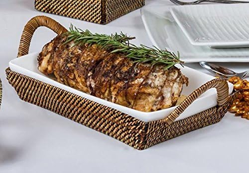 Calaisio Hand Woven Rectangular Baker Wrapped Handles Porcelain Insert