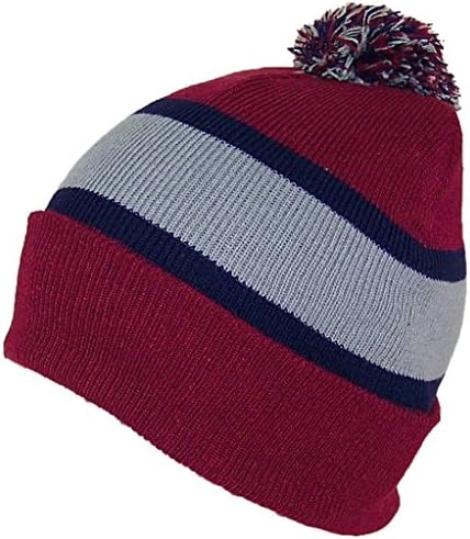 GMI Mens Striped Cuffed Knit Beanie W/Pom Pom (One Size) - Maroon/Gray/Navy