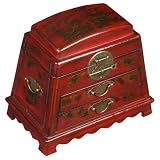 Handmade Red Leather Painted Peony & Bird 12" Jewelry Box