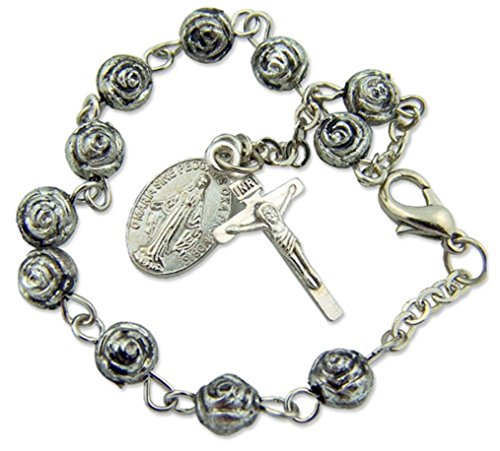 Oxidized Silver 6MM Rosebud Prayer Bead 7 3/4-inch Miraculous Rosary Bracelet