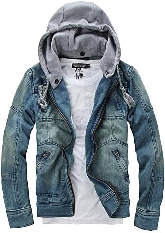 OUCHI Men's Casual Denim Hoodie Coat Detachable Hooded Front Zip Jacket Blue