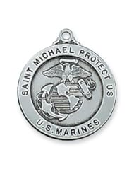 Antique Silver Pewter 1" St. Saint Saint Michael the Archangel Archangel Marine Corps USMC Pendant Necklace Medal w/24" Chain & Box