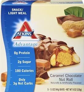 Atkins Advantage Caramel Chocolate Nut Roll, 1.6 oz. bars, 5-Count Box (Pack of 2)