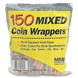 Flat Coin Wrappers, Mixed Amounts, 150 Ct., OE/BE/RD/GN, Sold as 1 pack