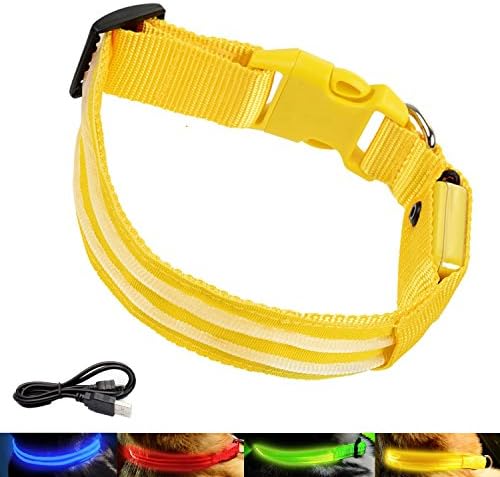 AMBESTKER - LED Dog Collars Bright Light USB Rechargeable Safety Pet Supplies Accessories (S(13-17 inch), Yellow)