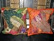 Gift for Her-2 Brass and Orange Bdr Gujrati Embroidered Sari Toss Pillow Cushion Covers Free Shipping