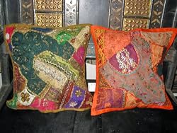 Gift for Her-2 Brass and Orange Bdr Gujrati Embroidered Sari Toss Pillow Cushion Covers Free Shipping